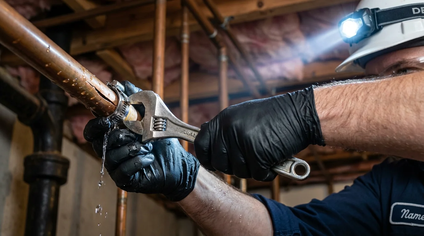 Emergency pipe clamp repair being performed by a Johns Plumbing LLC plumber in Grimsley