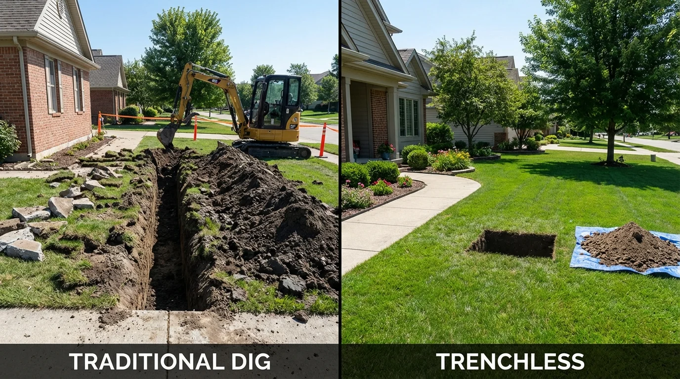 Trenchless sewer repair with minimal yard damage versus traditional excavation in Grimsley, TN
